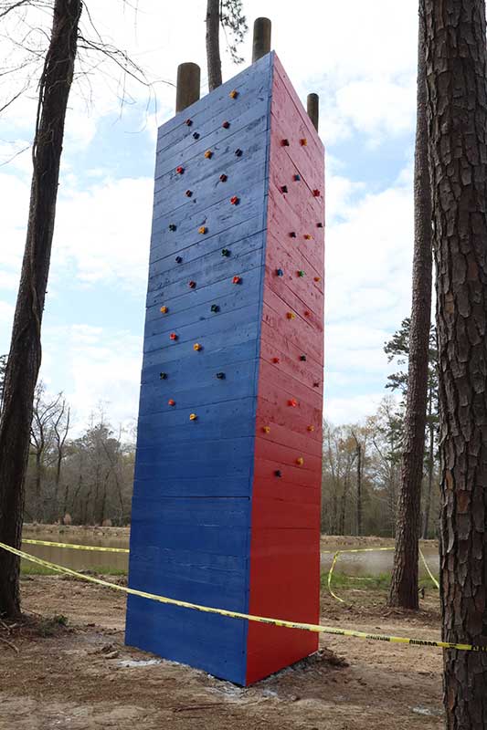 The rock climbing wall at Fireside RV Resort in Robert, Louisiana