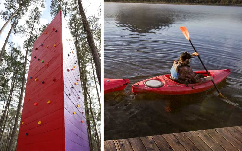 Rock climbing wall and kayaking at Fireside RV Resort in Robert, Louisiana