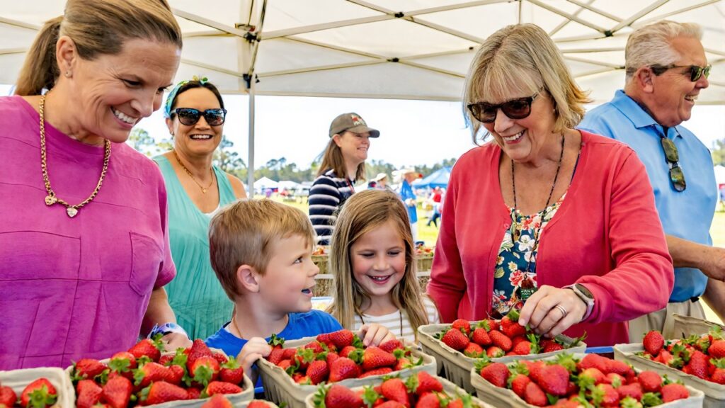 A family browsing baskets of fresh strawberries at the Ponchatoula Strawberry Festival
