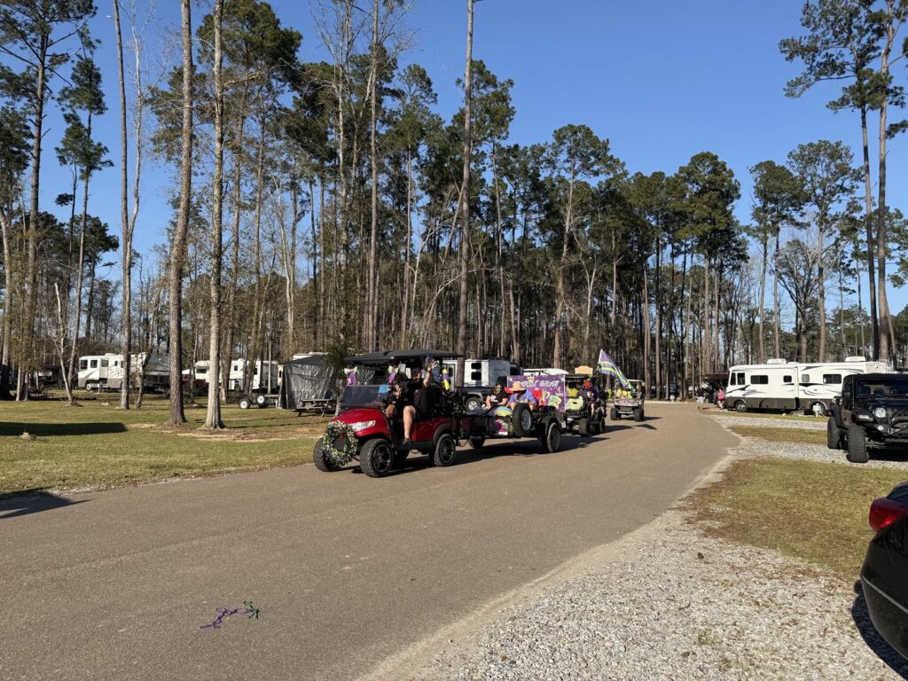 Decorated golf carts in a parade at Fireside RV Resort in Ponchatoula, Louisiana.