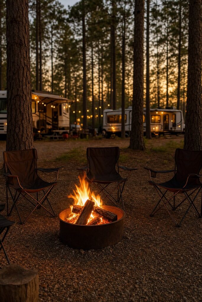 A warm campfire glows on a cool evening at Fireside RV Resort, a snowbird campground in Ponchatoula, Louisiana.