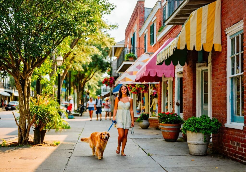 Woman walking a golden retriever on a leash past brick antique shops on a sunny downtown sidewalk