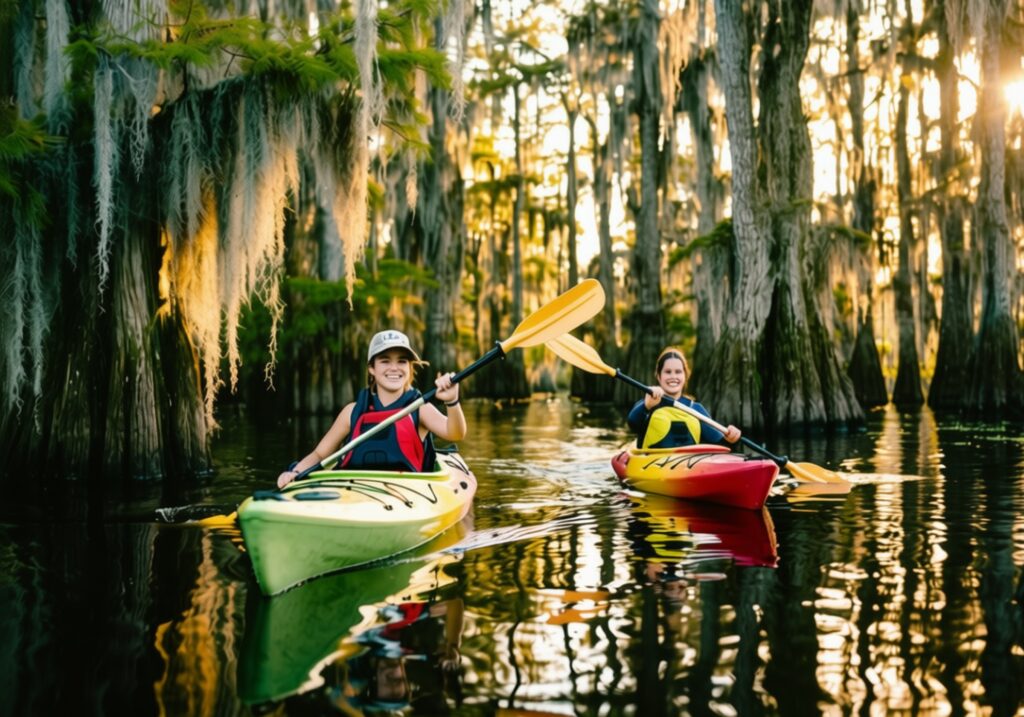 Two paddlers kayaking a moss-draped Louisiana cypress bayou at golden hour