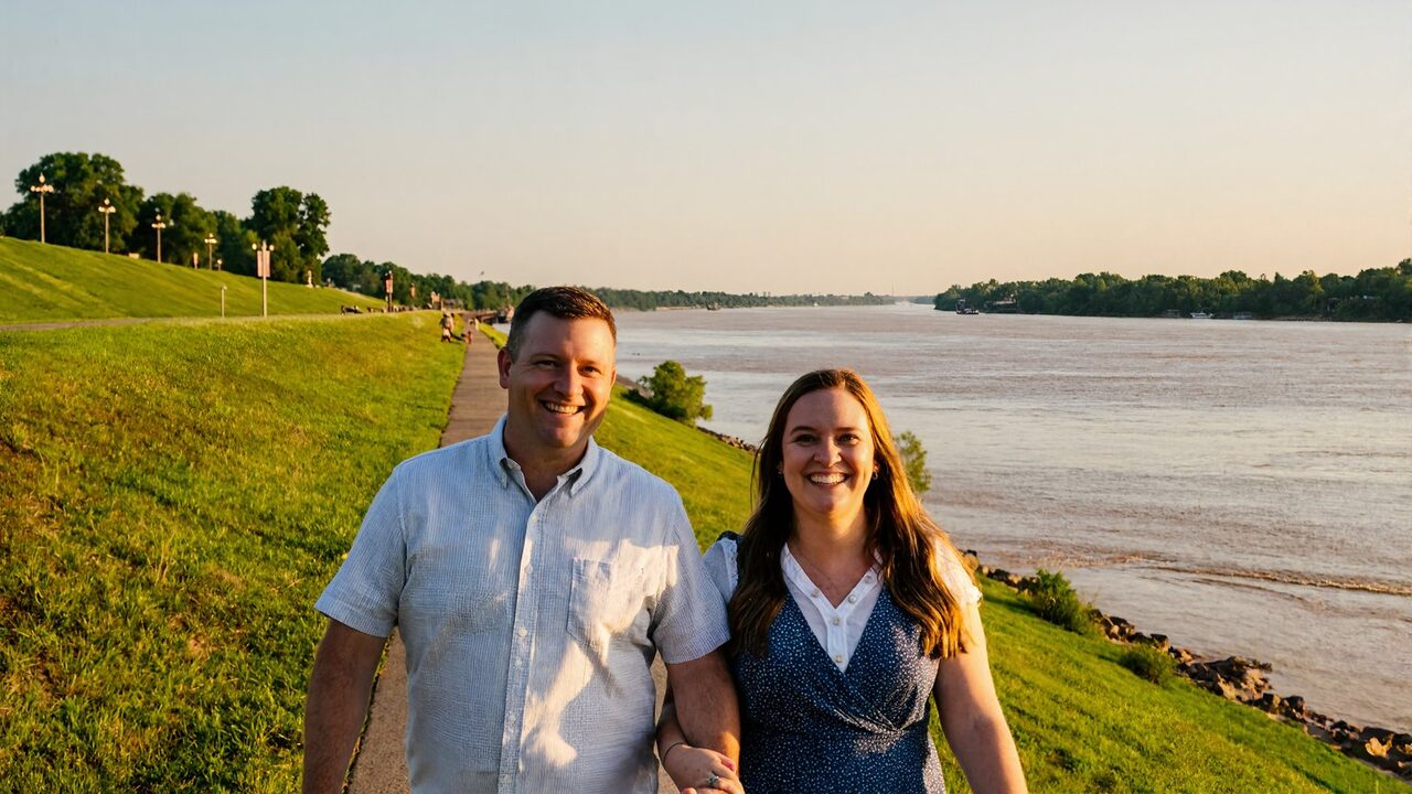 A couple walking the Mississippi River riverfront levee in Baton Rouge at golden hour