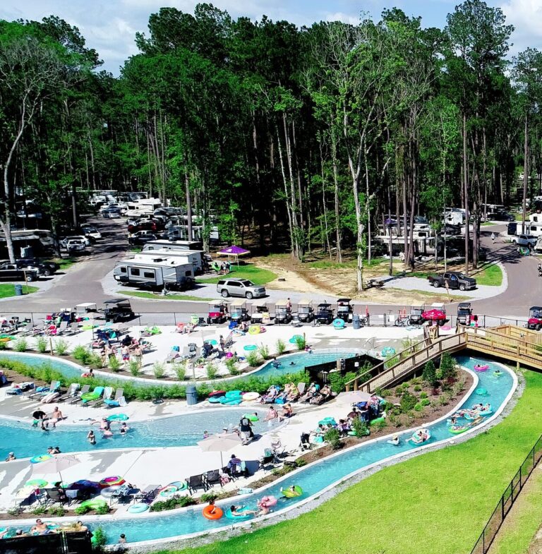 Aerial view of the lazy river, pools and RV sites at Fireside RV Resort in Ponchatoula