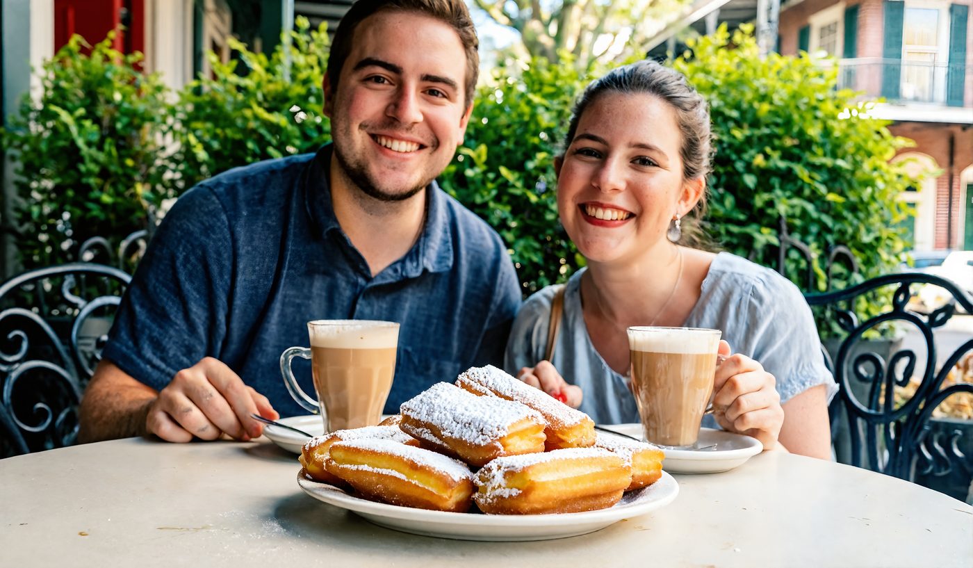 A couple enjoying powdered sugar beignets and coffee at a French Quarter cafe