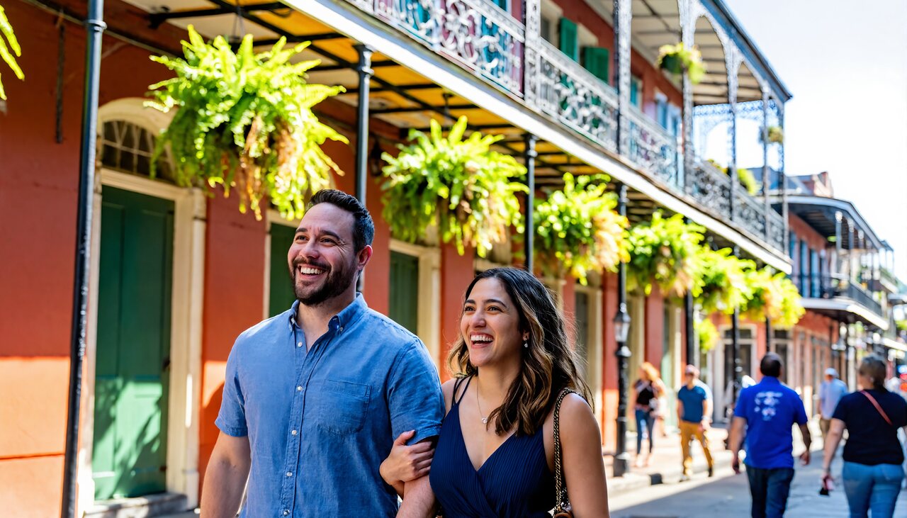 A couple laughing as they stroll past cast-iron balconies in the French Quarter