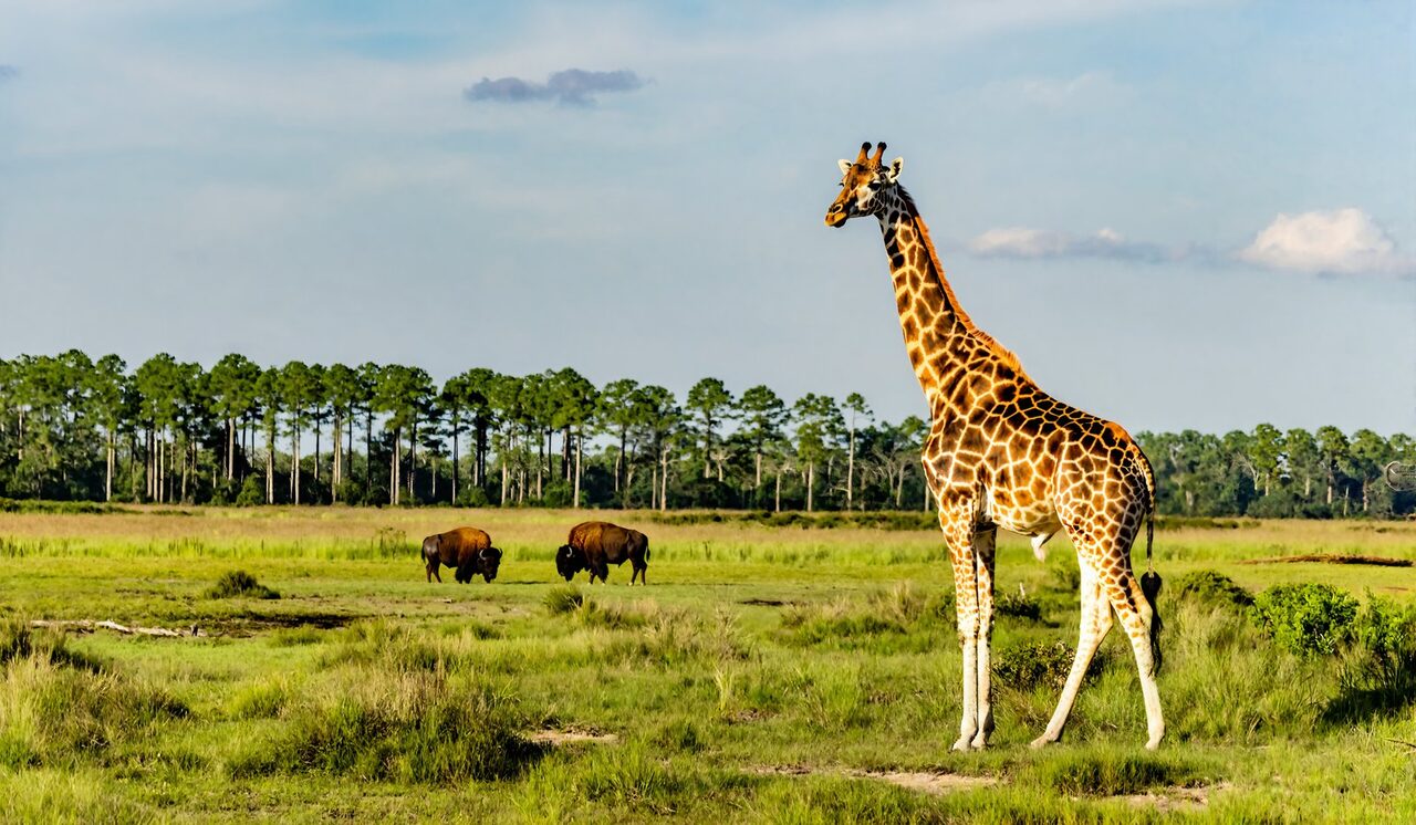A giraffe and two bison grazing in an open green pasture at a Louisiana wildlife preserve
