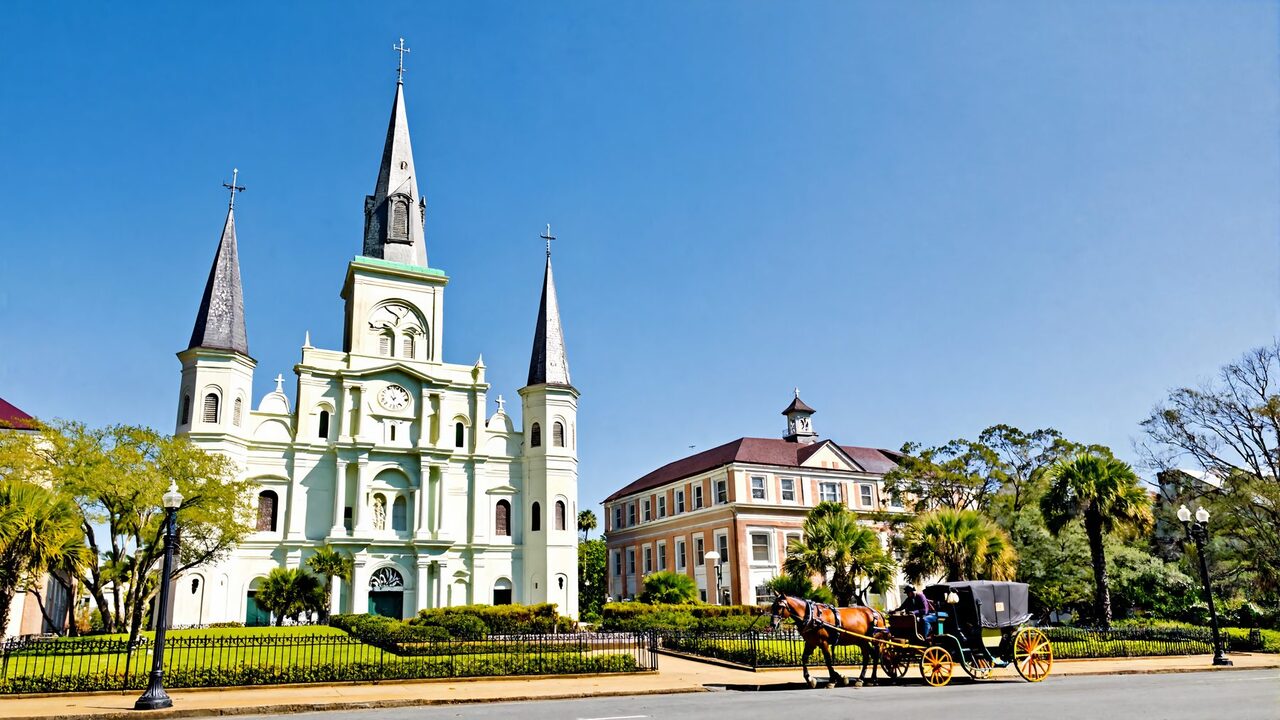 St. Louis Cathedral above Jackson Square garden in the French Quarter of New Orleans