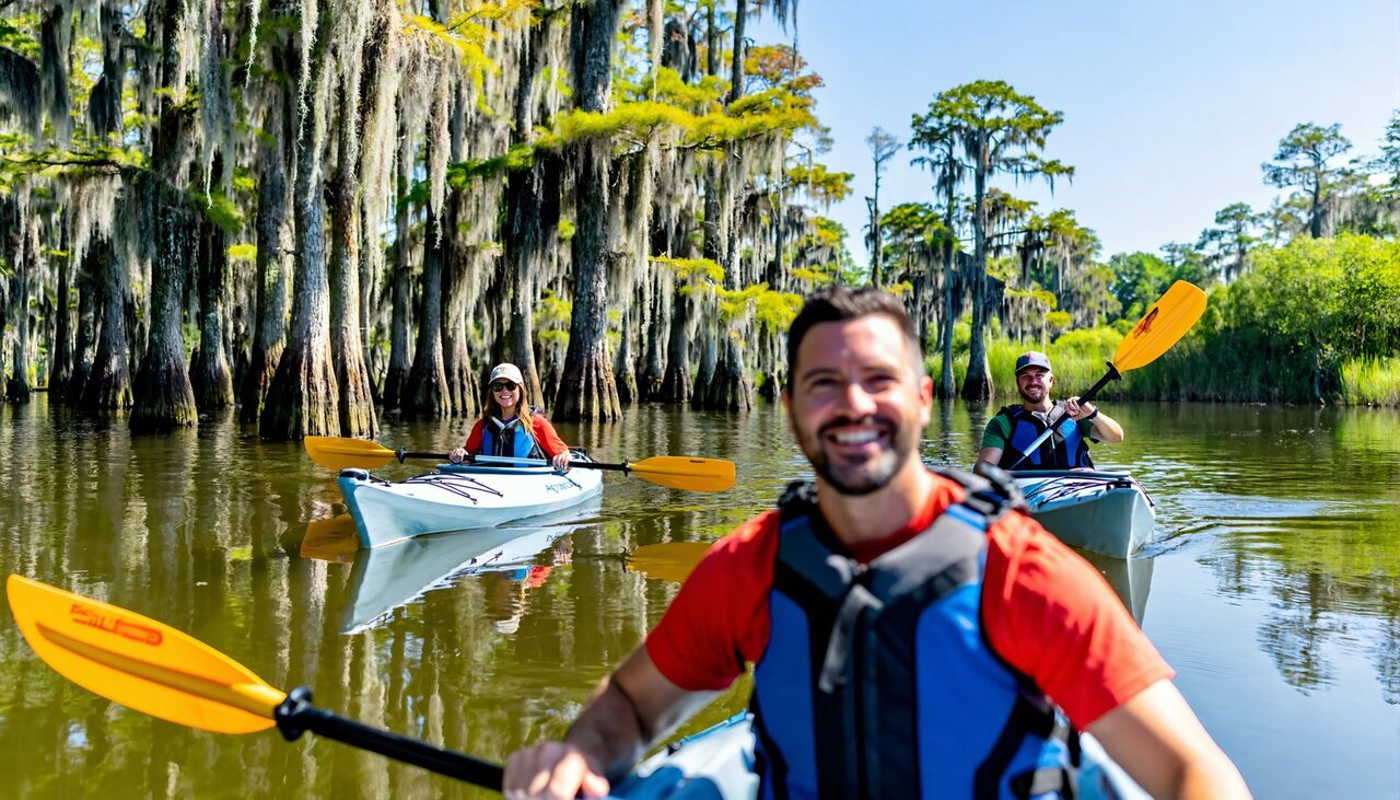Three people kayaking a cypress bayou draped in Spanish moss near the Louisiana Northshore