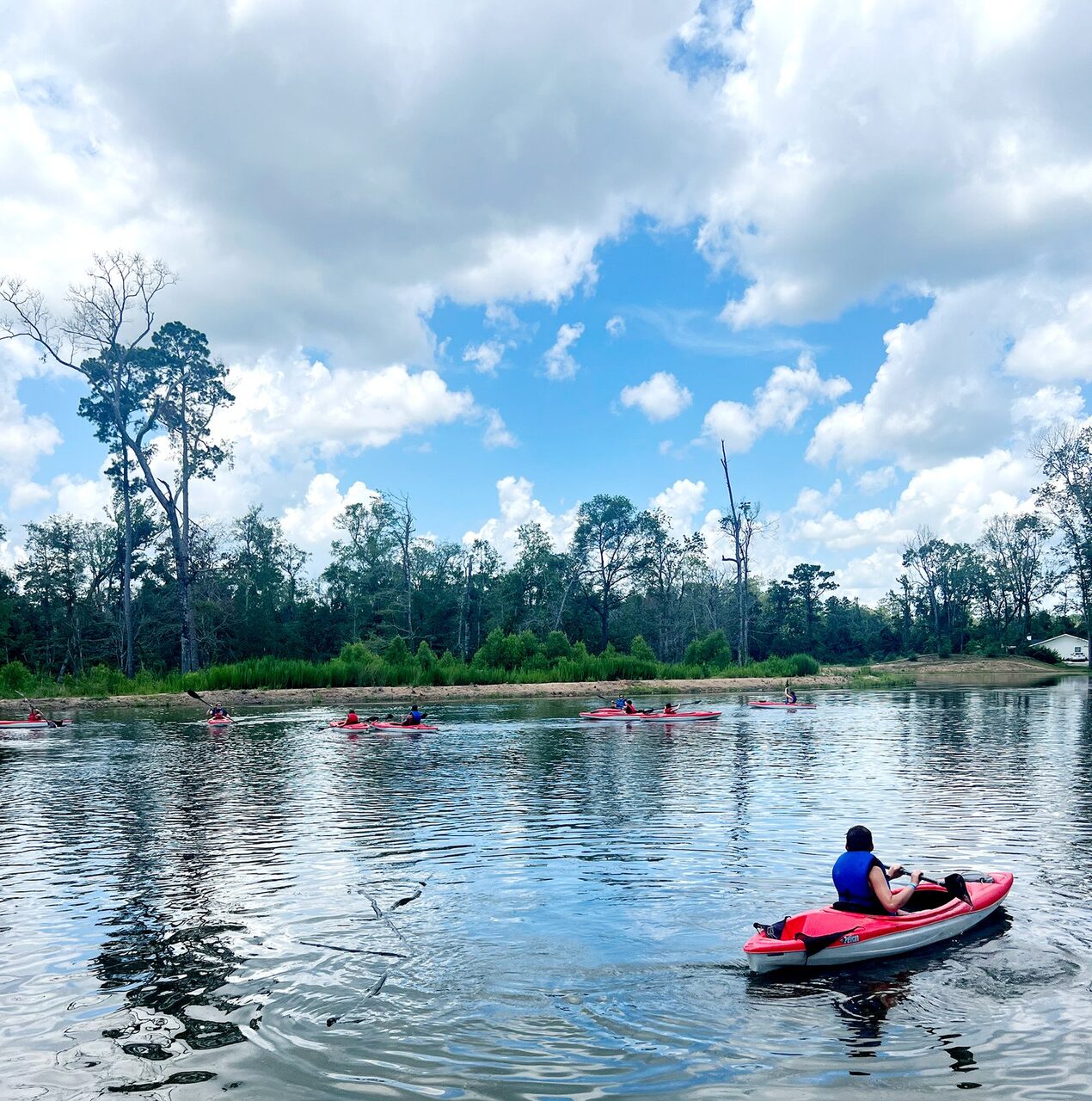 Paddlers in red kayaks on a calm tree-lined river near Springfield, Louisiana