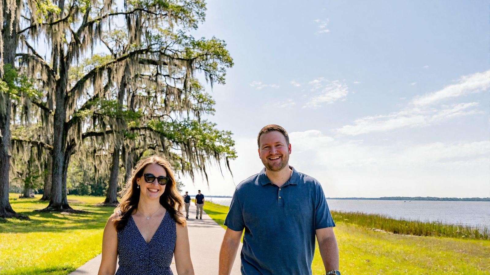 Couple walking a Lake Pontchartrain lakefront path lined with moss-draped oaks near Mandeville, Louisiana