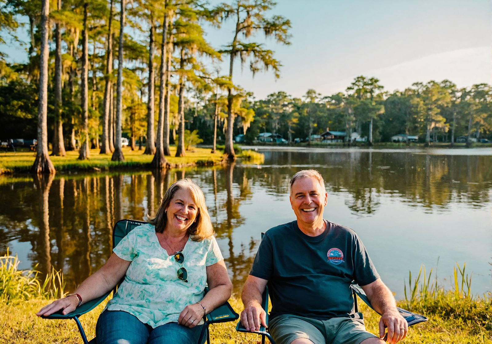 Smiling couple in camping chairs beside a calm cypress-lined lake at golden hour in Louisiana