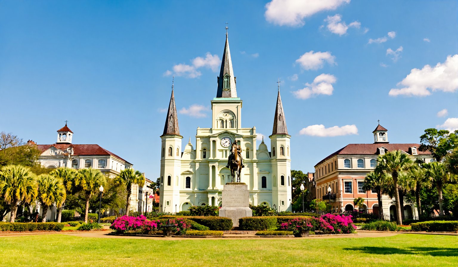 St. Louis Cathedral and the Andrew Jackson statue at Jackson Square in New Orleans on a sunny day