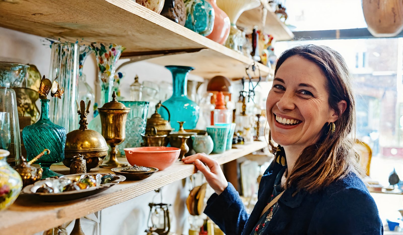 A woman browsing colorful vintage antiques in a bright shop