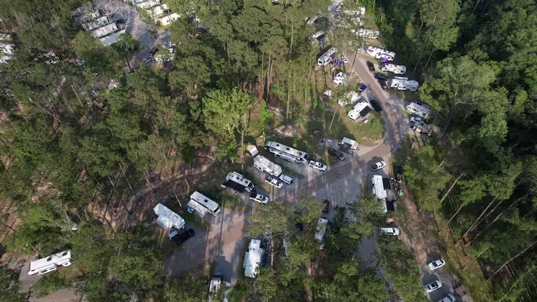 Aerial view of shaded RV sites among the pines at Fireside RV Resort near New Orleans