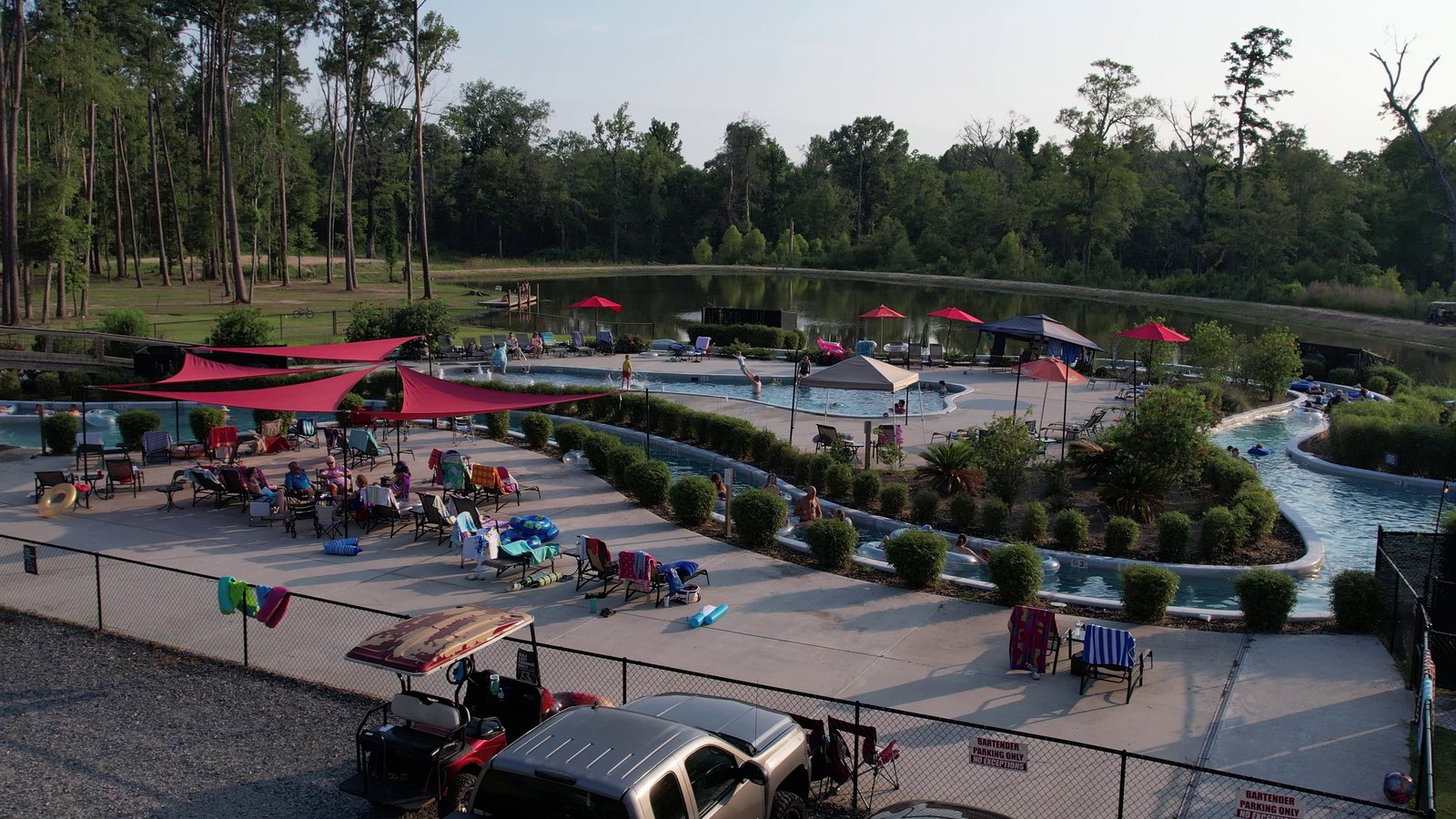 Aerial view of the pool complex and lazy river at Fireside RV Resort on the New Orleans Northshore