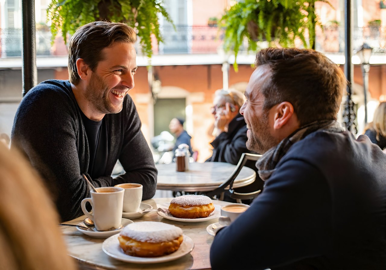 Two friends laughing over cafe au lait and pastries at a French Quarter cafe in New Orleans