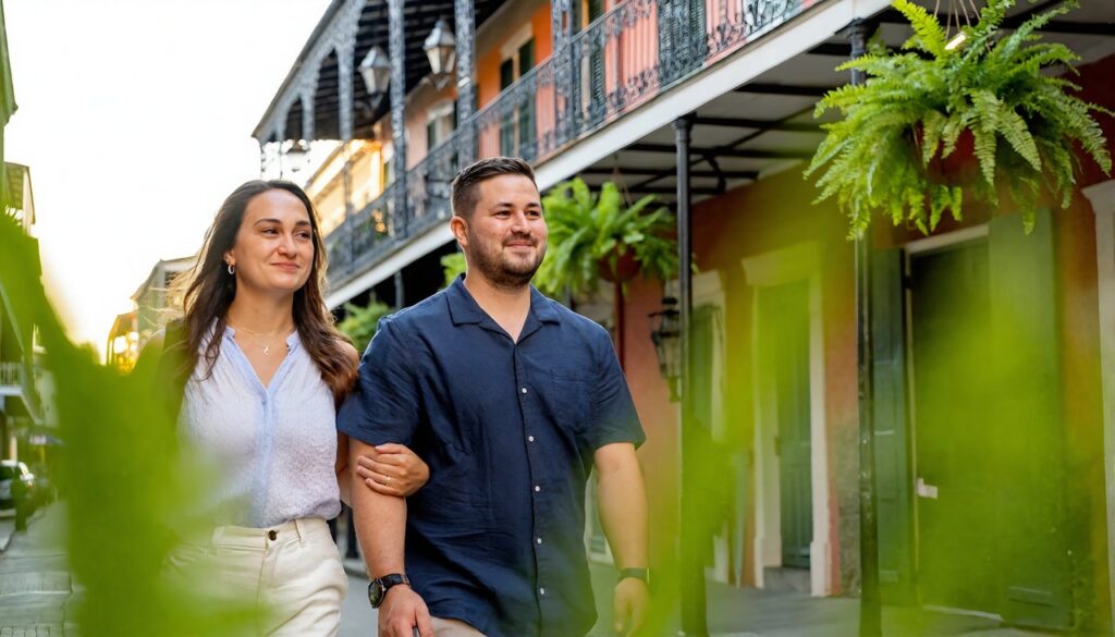 A man and woman strolling arm in arm past iron balconies in the French Quarter