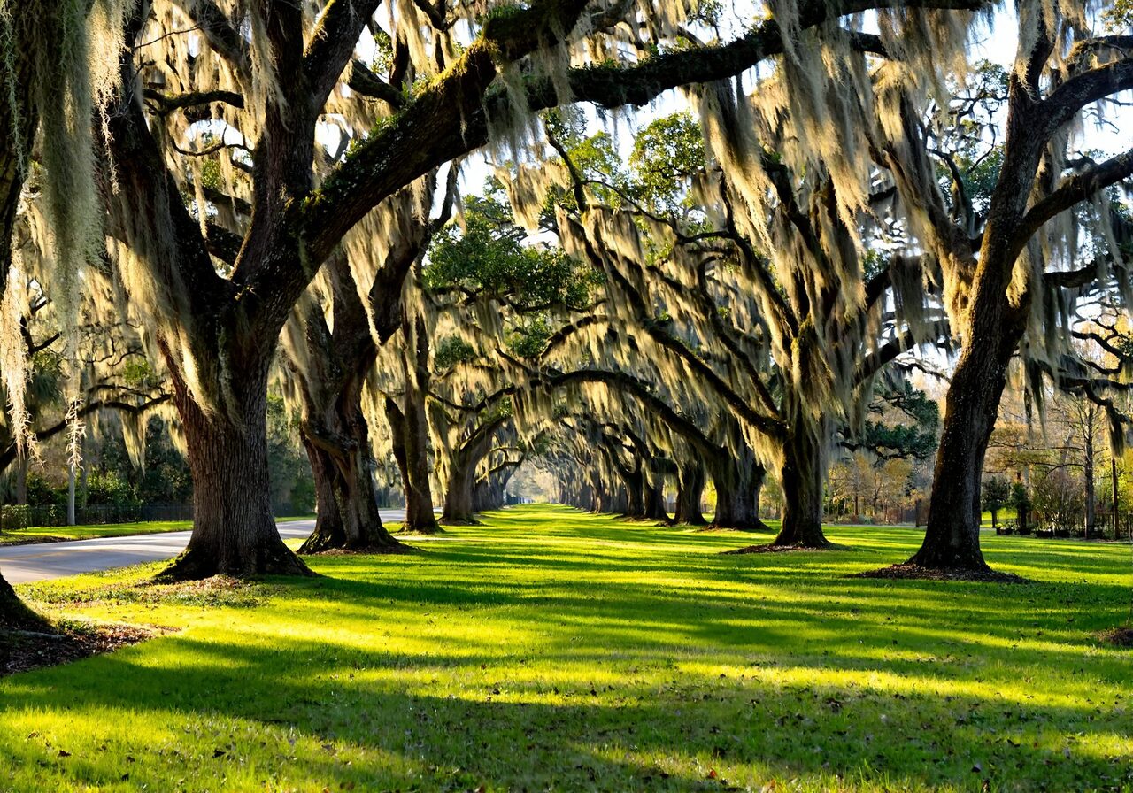 Live oak avenue draped with Spanish moss on a sunny winter day near New Orleans Louisiana