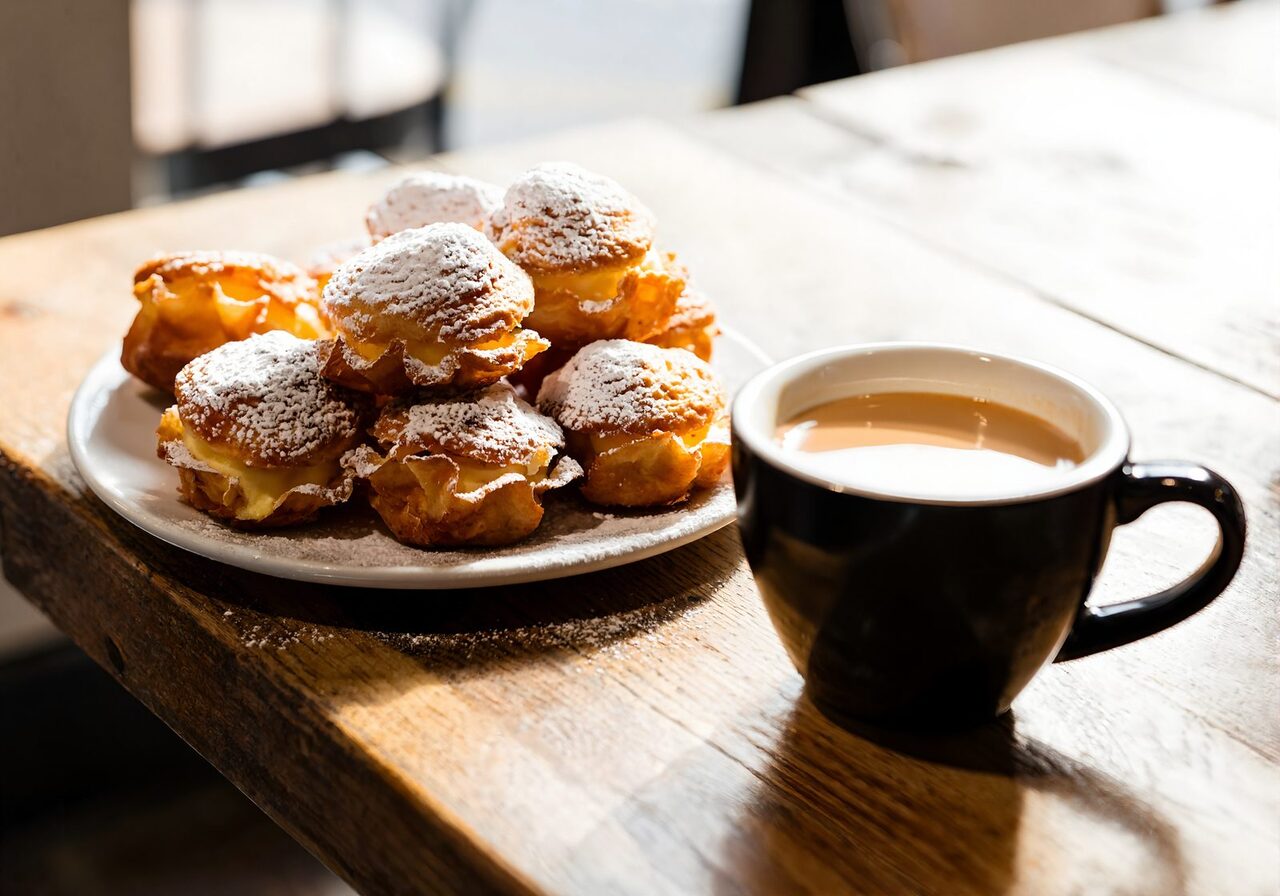 Powdered-sugar beignets and cafe au lait on a New Orleans day trip
