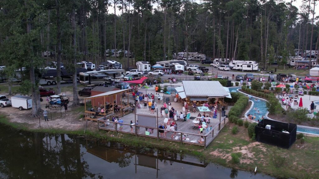 Aerial view of Fireside RV Resort pools and lazy river on Louisiana's Northshore