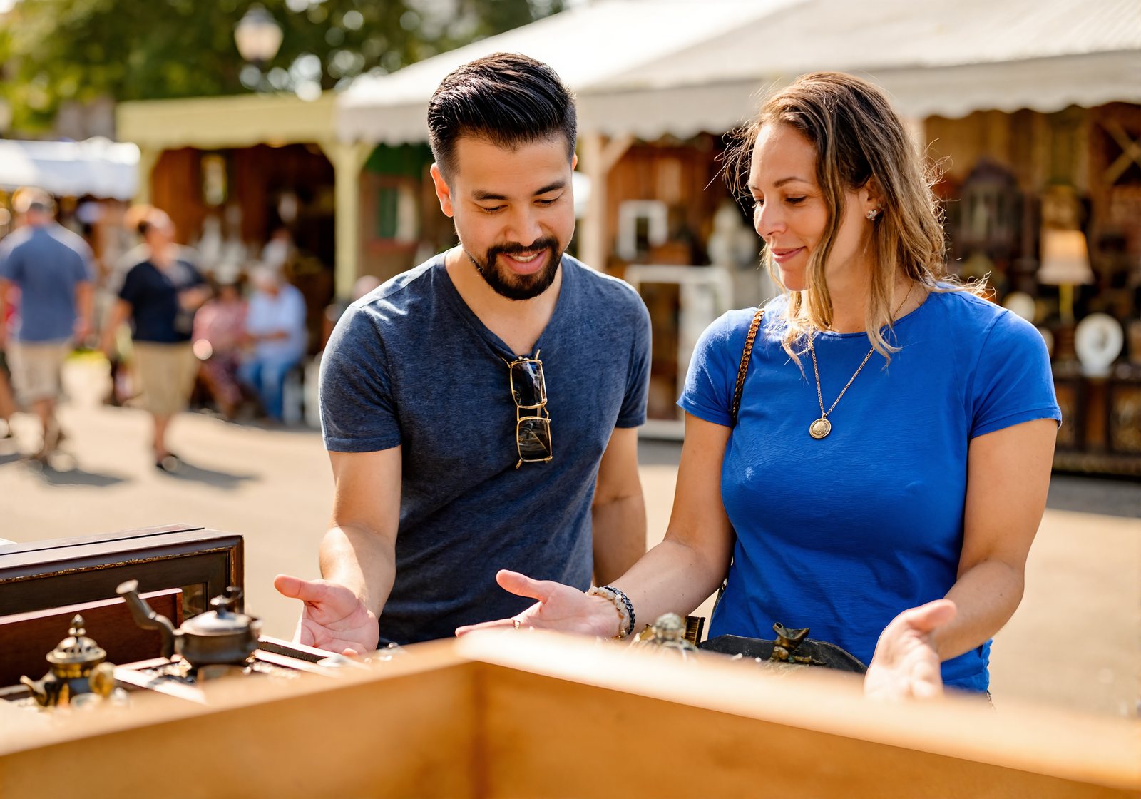 A man and woman browsing antiques together at an open-air market near Ponchatoula, Louisiana
