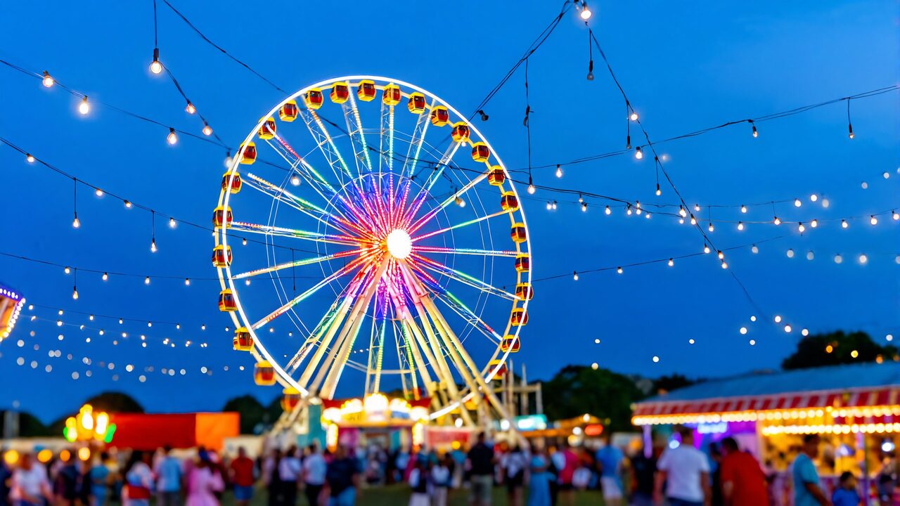 A ferris wheel lit up at a fall parish fair on the Louisiana Northshore near Slidell