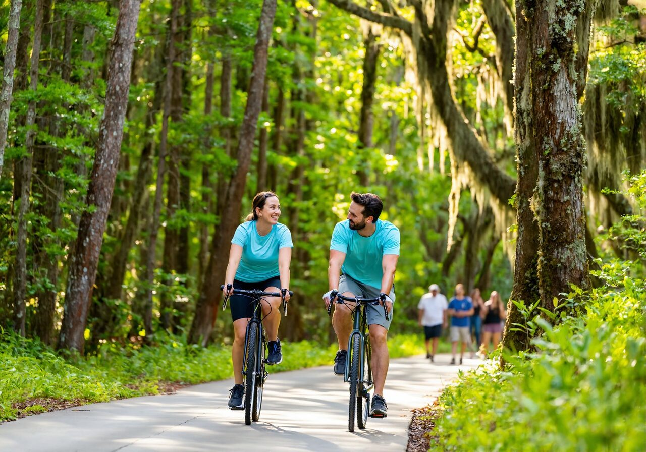 A man and woman cycling the Tammany Trace rail-trail on Louisiana's Northshore