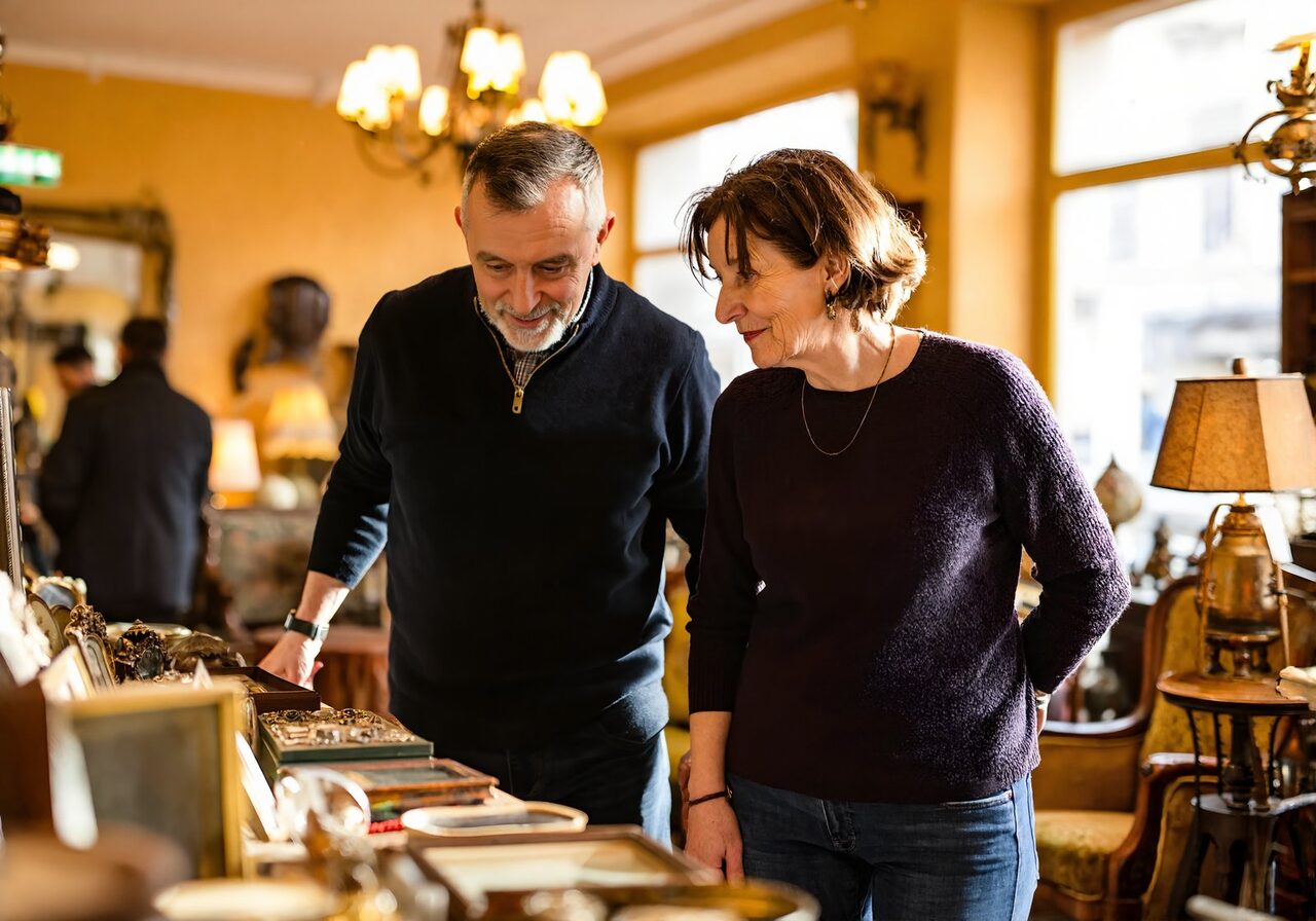 A couple browsing antique shops in Ponchatoula near New Orleans