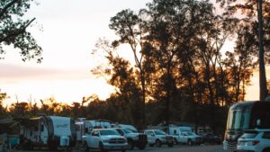 Full-hookup RV sites at Fireside RV Resort near New Orleans at golden hour
