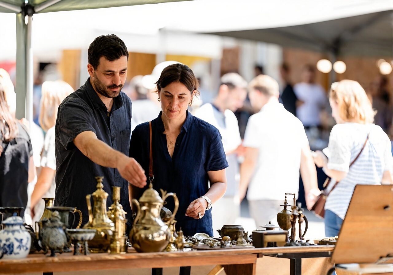 A couple browsing antiques at an outdoor market near Ponchatoula Louisiana