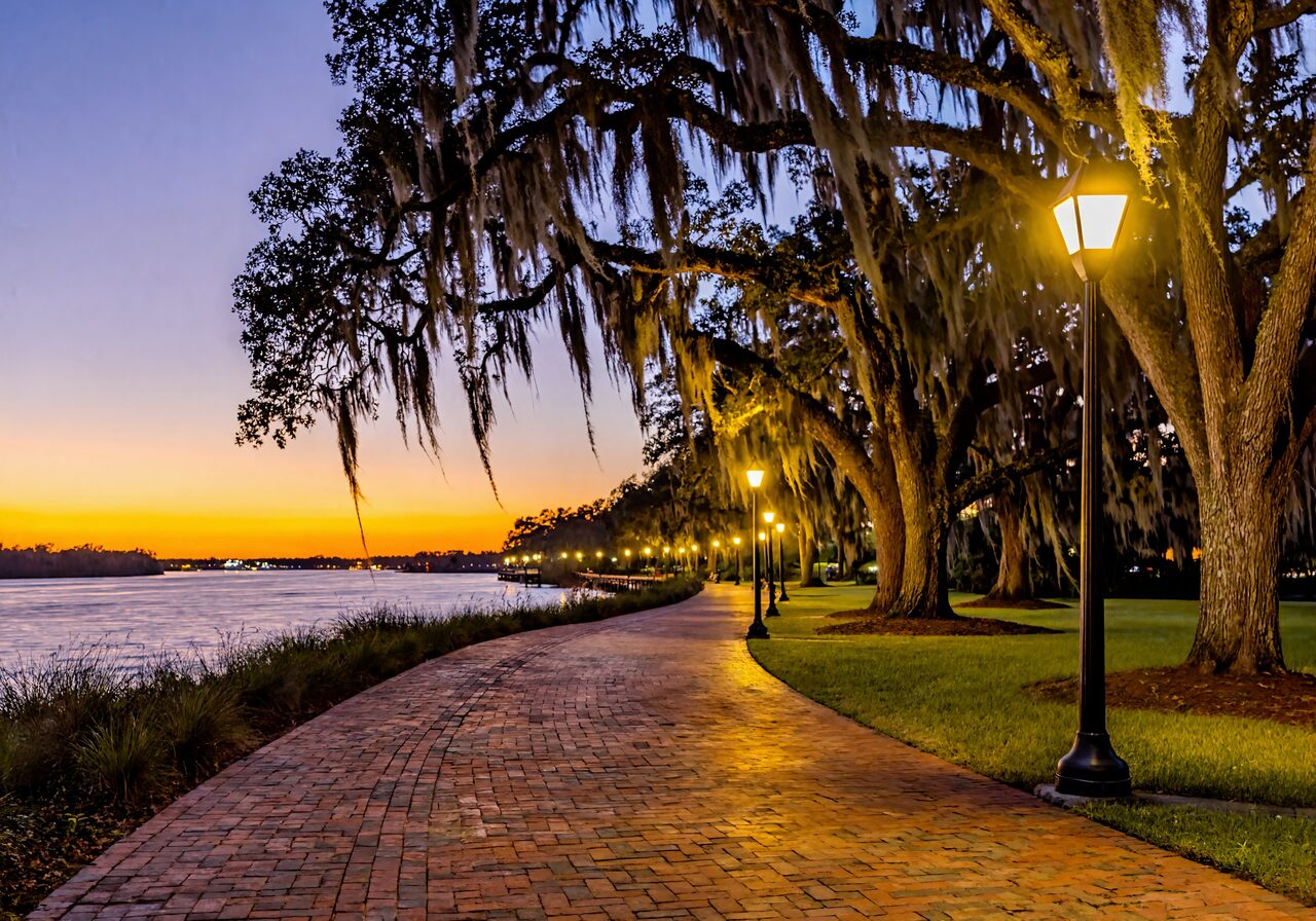 A lamp-lit riverfront walking path at dusk shaded by live oaks