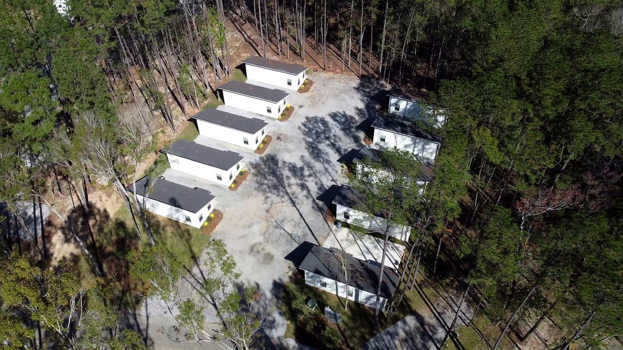Furnished cabin rentals among the pines at Fireside RV Resort near Baton Rouge