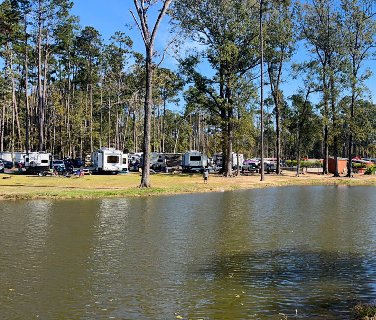 Lakeside RV lots under tall pines at Fireside RV Resort near New Orleans
