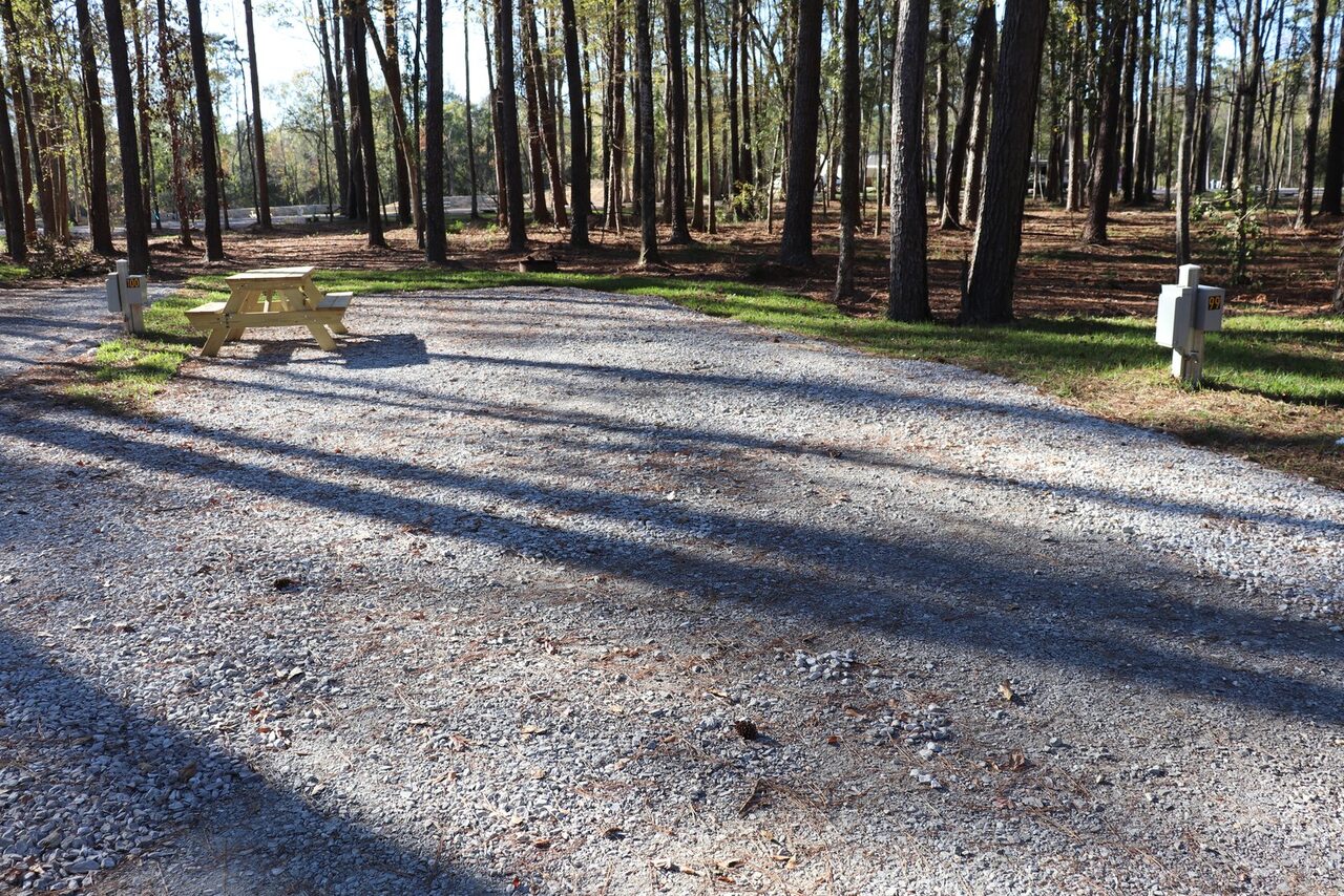 A full-hookup RV pad with 30/50-amp electric and a picnic table at Fireside