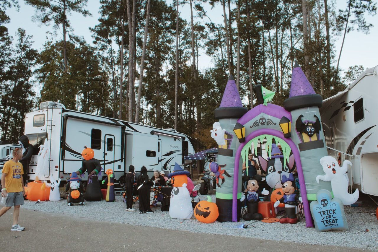 An RV site decked out with inflatable Halloween decorations at Fireside RV Resort in Louisiana