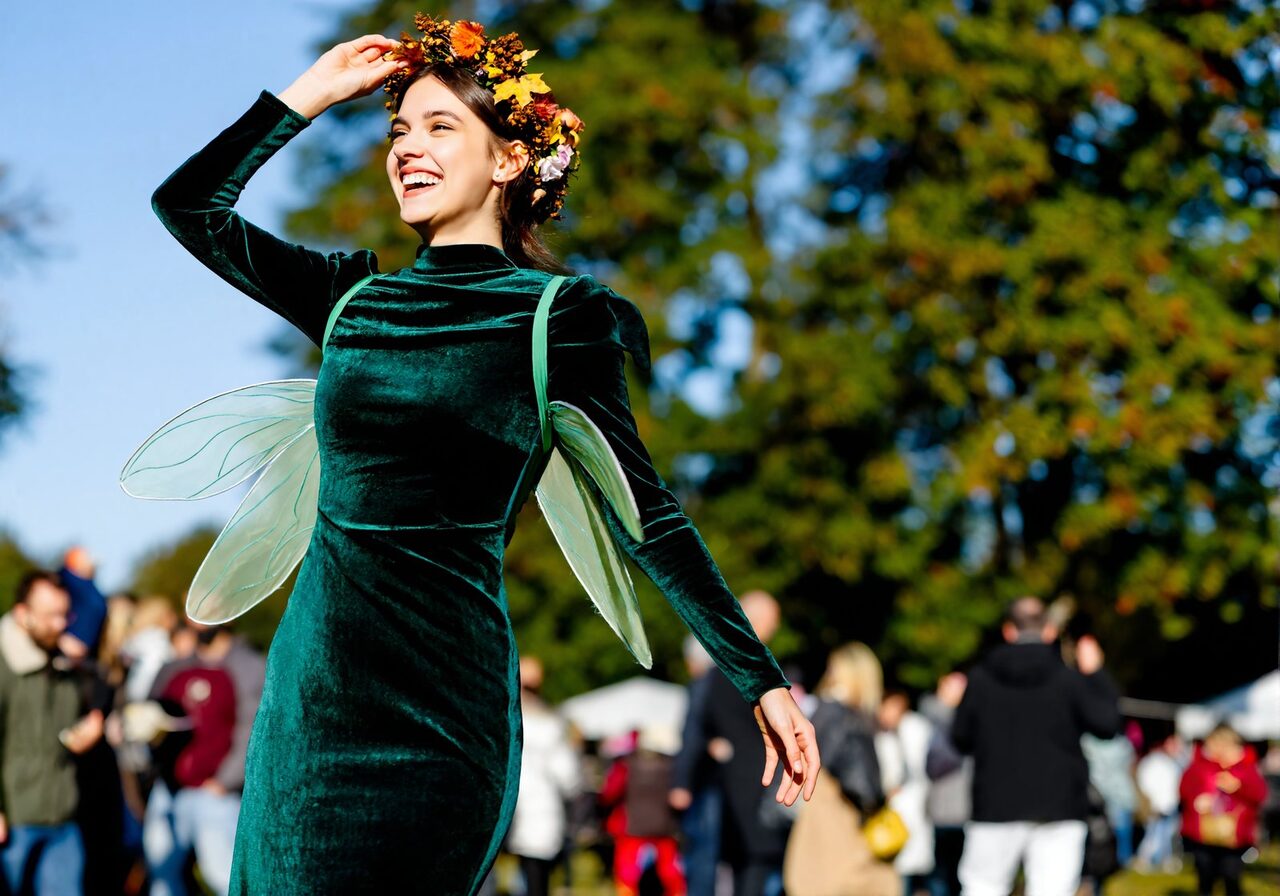 A costumed festival goer in a flower crown laughing at an autumn renaissance festival near Ponchatoula, Louisiana