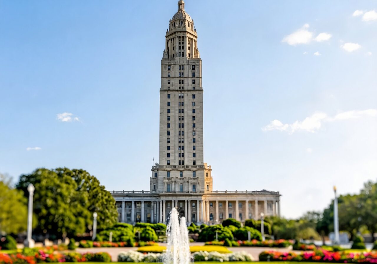Louisiana State Capitol tower rising over its gardens in Baton Rouge