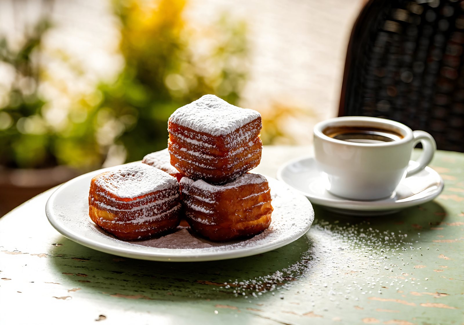 Powdered sugar beignets and a cup of chicory coffee on a green outdoor cafe table in New Orleans Louisiana