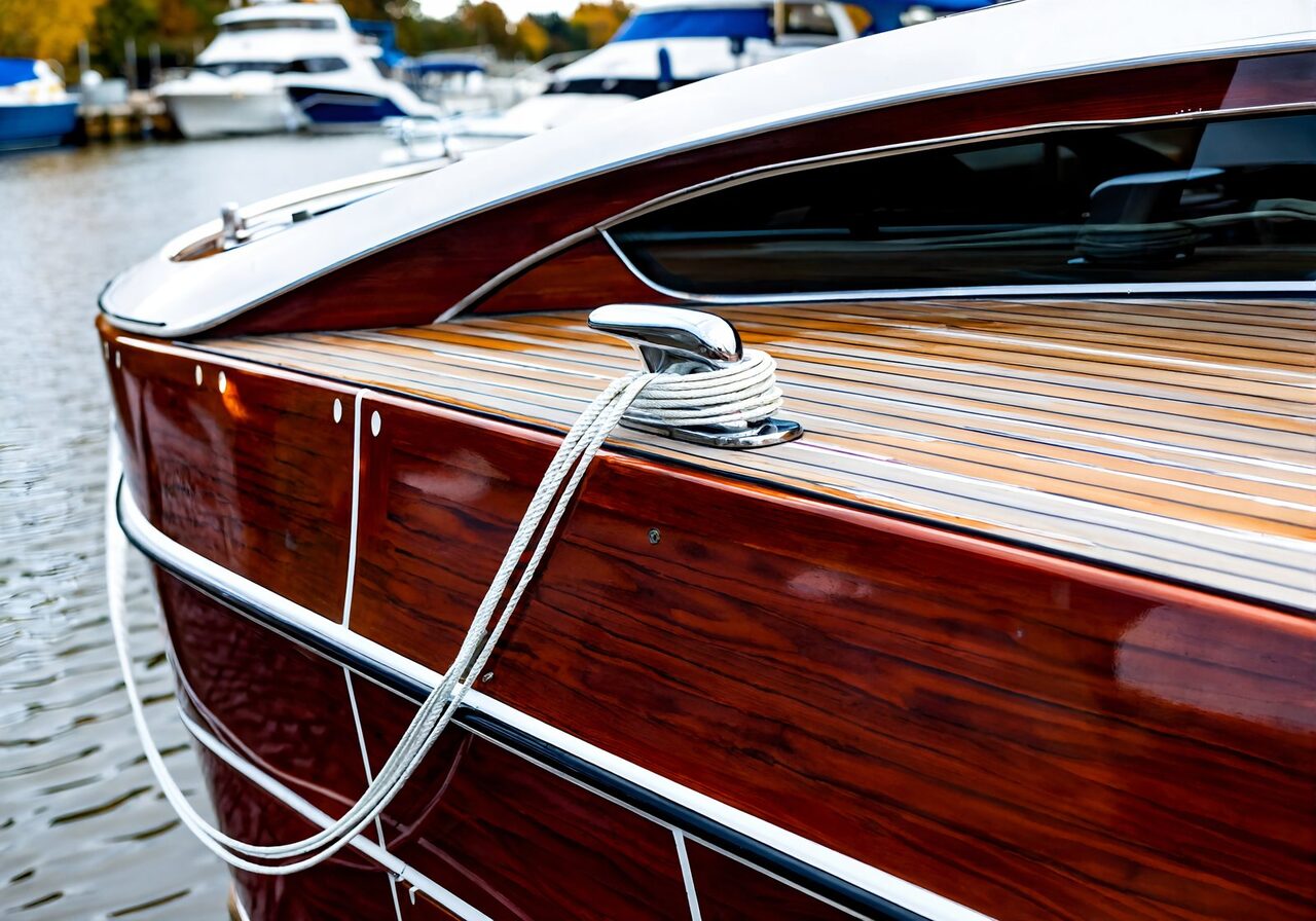 Varnished mahogany deck and chrome cleat on a classic wooden motorboat moored at a boat festival