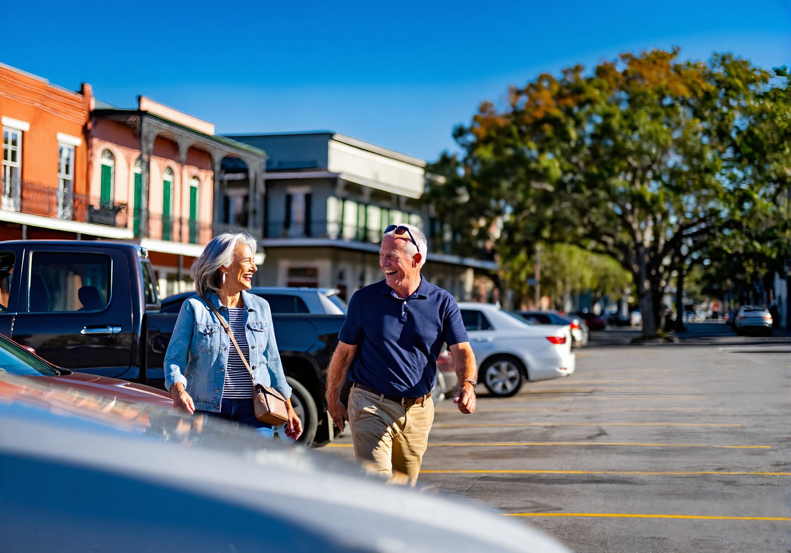 Smiling couple walking across a sunny open-air parking lot past a pickup truck at the start of a city day trip