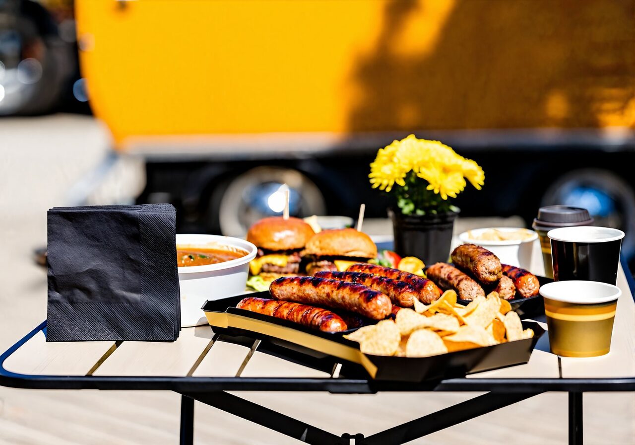 A game day tailgate spread of grilled sausages, burgers, and chips near New Orleans