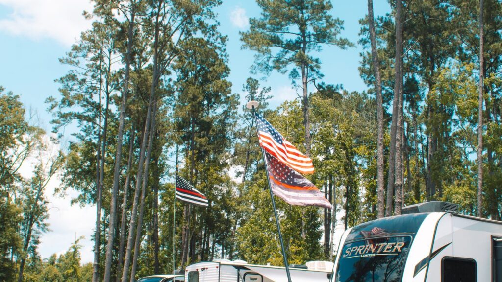 American flag flying over the RV sites at an RV park near Baton Rouge