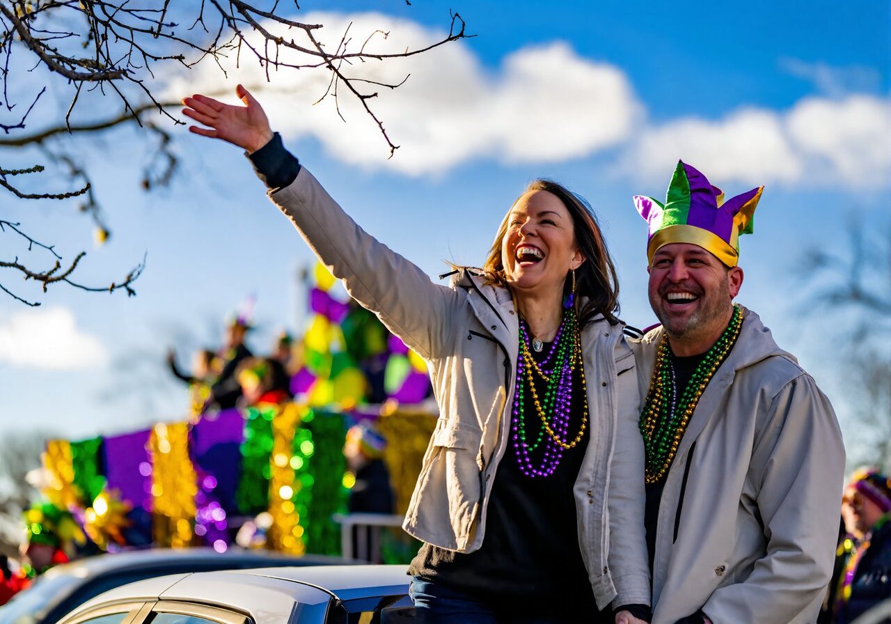 A man in a jester hat and a woman in bead necklaces laugh and cheer as a colorful Mardi Gras float passes on a sunny day