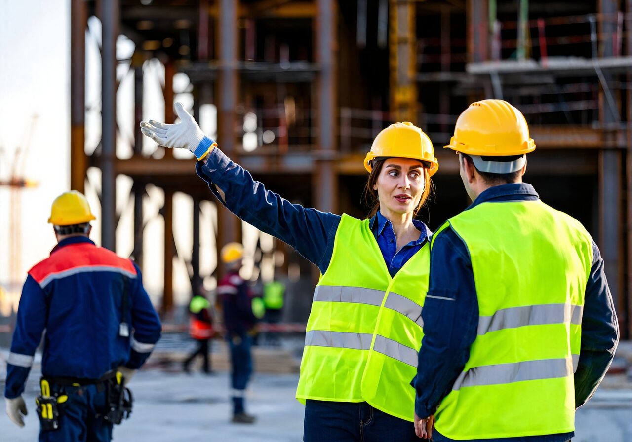 Two construction workers in hard hats and hi-vis vests talking on an industrial job site, the kind of work that fills extended stay RV parks in south Louisiana