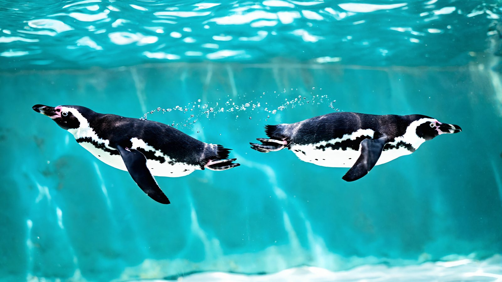 Two African penguins swim underwater through clear turquoise water, the kind of scene that makes a zoo and aquarium day trip worth the drive