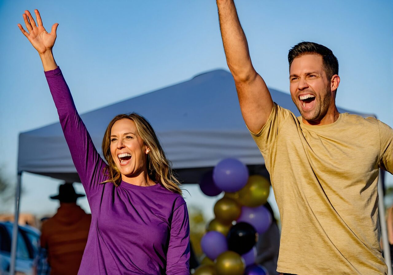A man and a woman cheering with their arms raised at a college football tailgate party in Louisiana on a sunny fall afternoon