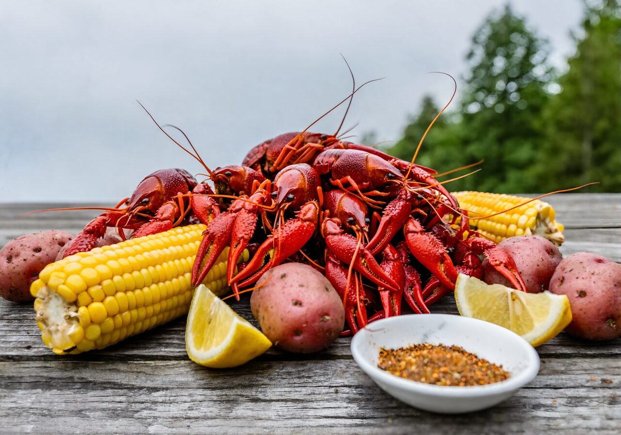 Boiled crawfish piled on a weathered wooden picnic table with corn on the cob, red potatoes, lemon wedges and a small bowl of seasoning