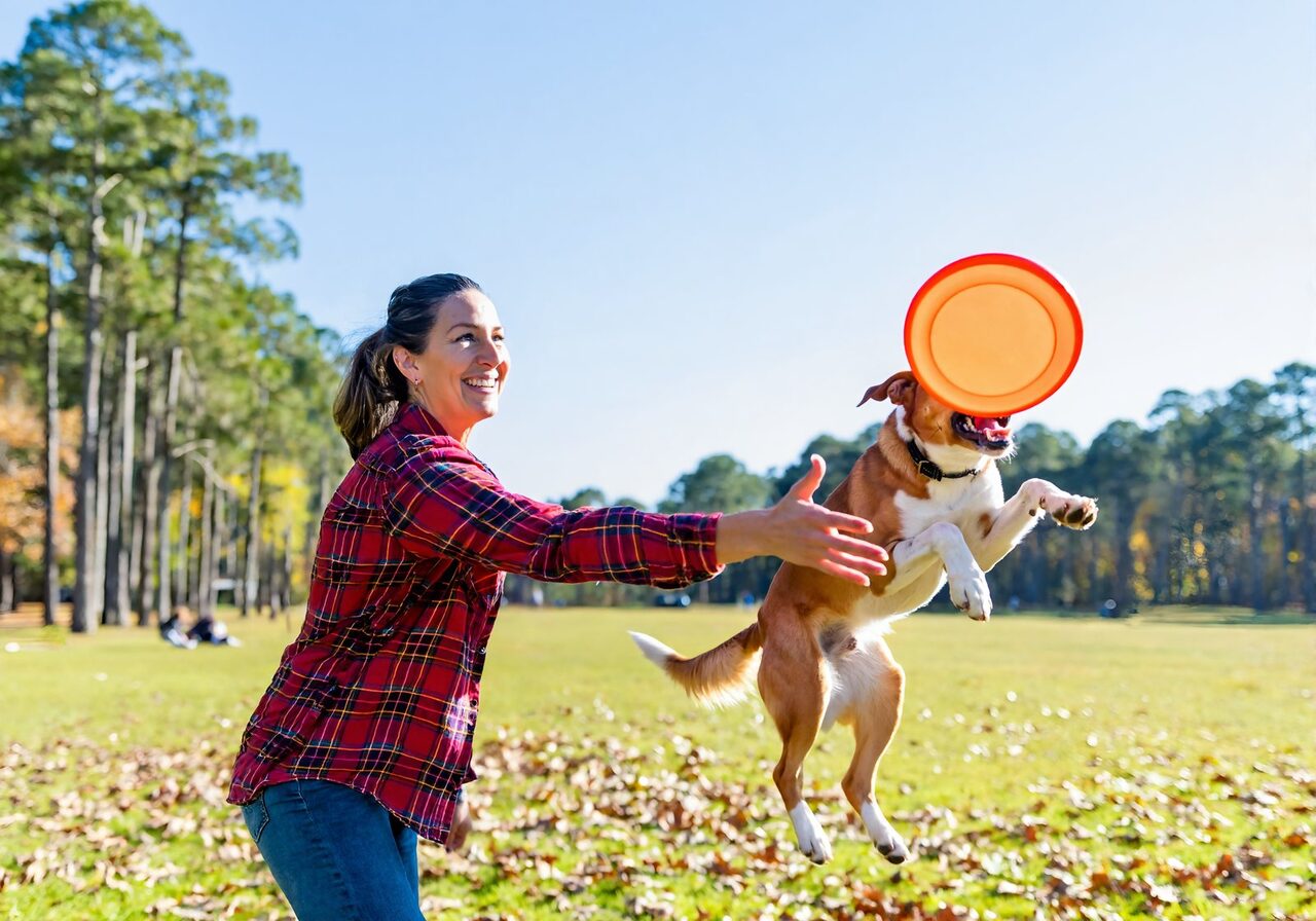 A woman tosses an orange flying disc to her leaping dog in a grassy Louisiana park, a dog-friendly outing on a pet friendly RV trip